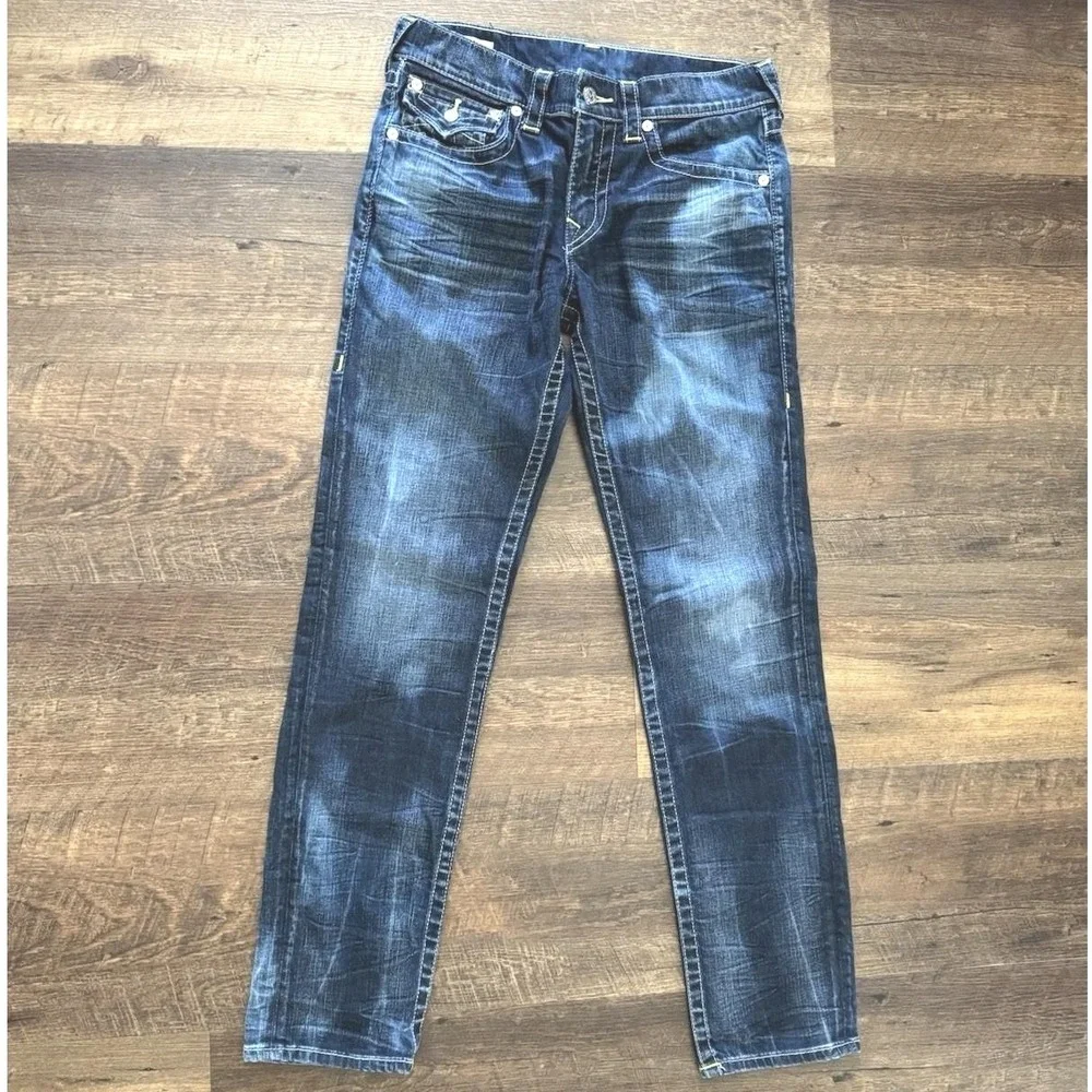 True Religion Rocco Relaxed Skinny Dark Wash Jeans Mens 31x33 Yellow Stitch